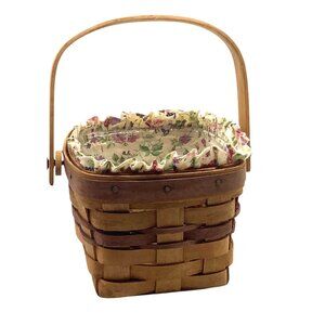 Vtg Longaberger 1990 Handwoven Small Basket Floral Liner & Plastic Protector